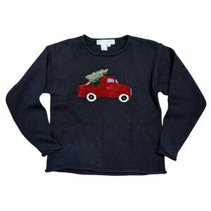 Vintage 90s Rebecca Stone Black Roll Neck Knit Christmas Sweater Red Truck Tree